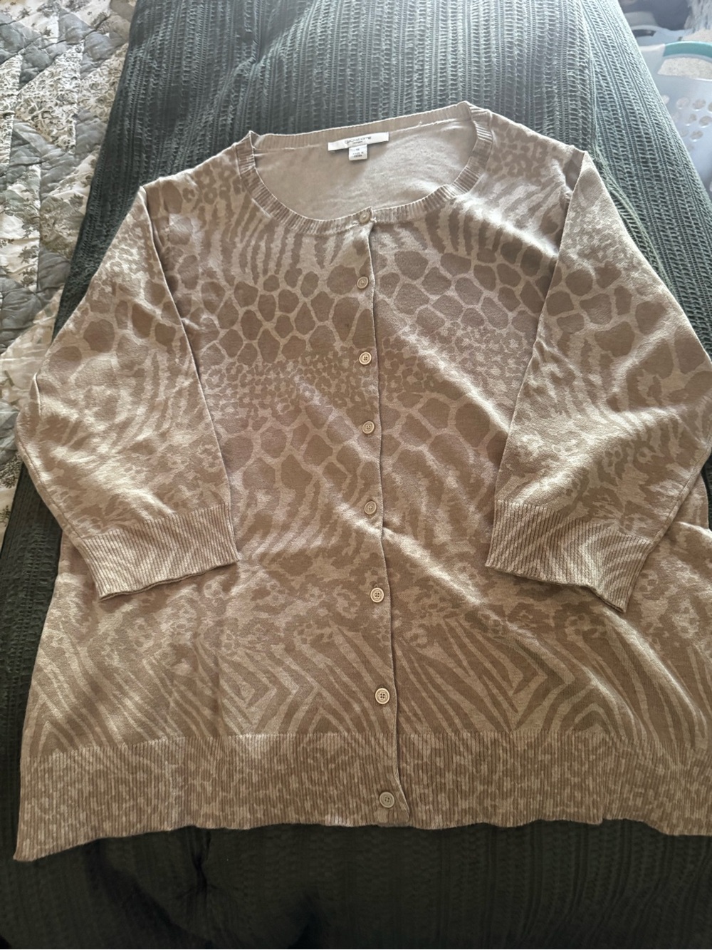 Liz Claiborne Animal Print Button-Front Cardigan Sweater - Beige 1X